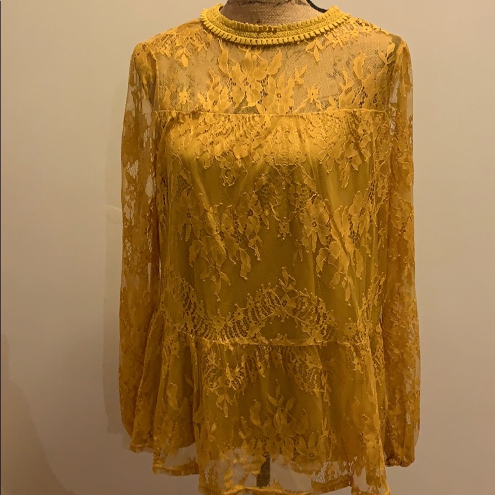 Mustard yellow lace top.